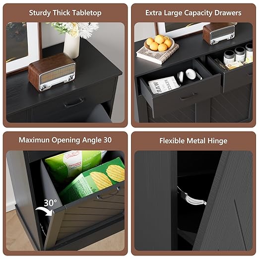 Double Tilt-Out Trash Can Cabinet, 2x13 Gallons Hidden Garbage, Hidden Kitchen Trash Cabinet with Storage Drawer, Pet-Proof Wooden Garbage & Recycling Cabinet for Kitchen, Laundry & Living Room, Black