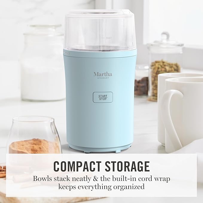 Martha Stewart Electric Coffee & Spice Grinder, Dual 2.5oz Removable Bowls, Storage Lids, Stainless Steel Blades, One Touch Pulse Control, 2-in-1 Compact, Beans & Spices, Herbs & Nuts, Sky Blue