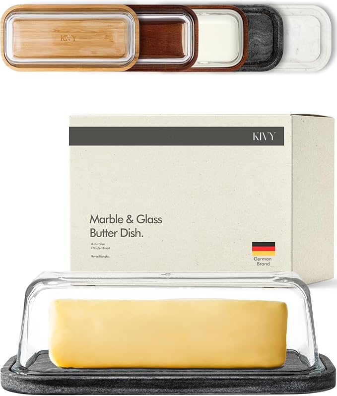 KIVY Butter Dish (Black Marble & Glass) - For countertop and refrigerator door shelf - Marble butter keeper - Stone butter dish with lid - Dishwasher Safe