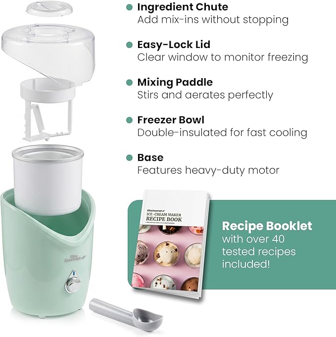 Elite Gourmet EIM263M 2Qt Automatic Ice Cream Maker, Electric Homemade Ice Cream, Gelato, Frozen Yogurt & Sorbet Machine with Double-Insulated Freezer Bowl, One-Touch Operation, Includes Recipe Book