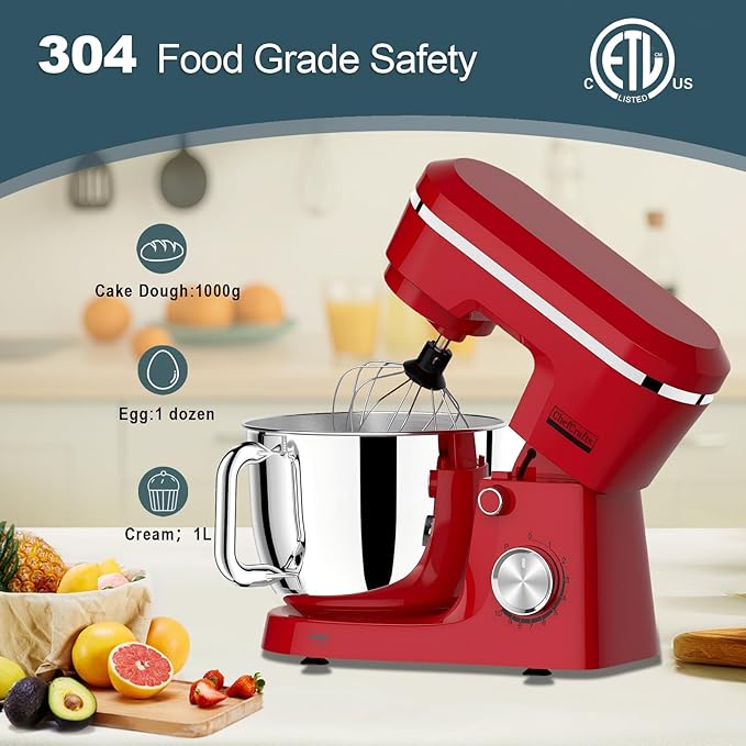 Household Stand Mixer with 6.5 Quart Bowl, Electric Food Mixer 10+p Speeds 660W, Tilt-Head Bread Dough and Cake Mixers with Dough Hook, Whisk, Beater, Splash Guard and Egg Separator (Red)