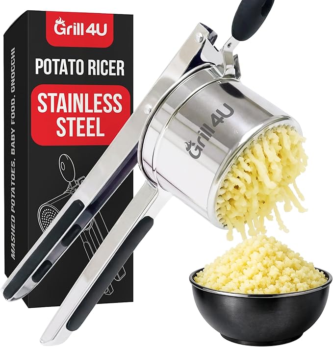 Large 15oz Potato Ricer - Professional 430 Stainless Steel Masher for Fluffy Mashed Potatoes, Gnocchi, Guacamole & Baby Food - Ergonomic Non-Slip Handles, Heavy Duty & Dishwasher Safe Kitchen Press