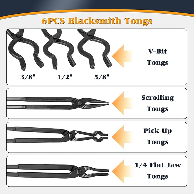 Blacksmith Knife Making Tongs Set - 3/8" 1/2" 5/8" V-Bit, 1/4 Flat Jaw, Pick Up, Scroll - Assembled Blacksmithing Bladesmith Steel Forge Tongs (6PCS)