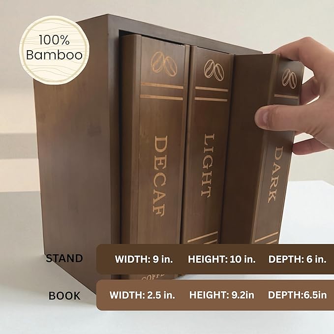 The Coffee Pod Library | Elegant Countertop Organizer & Display for Coffee Lovers | Compatible with K-Cups | Set of 3 Book-Inspired Bamboo Boxes with Stand | 6 Sliding Lids with Labels
