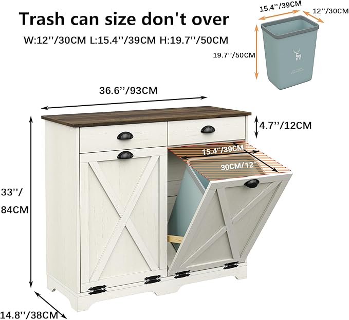 Furniouse Farmhouse Trash Can Cabinet, Double Tilt Out Trash Bin Cabinet with Barn Doors & Hideaway Drawers for Kitchen, Antique White