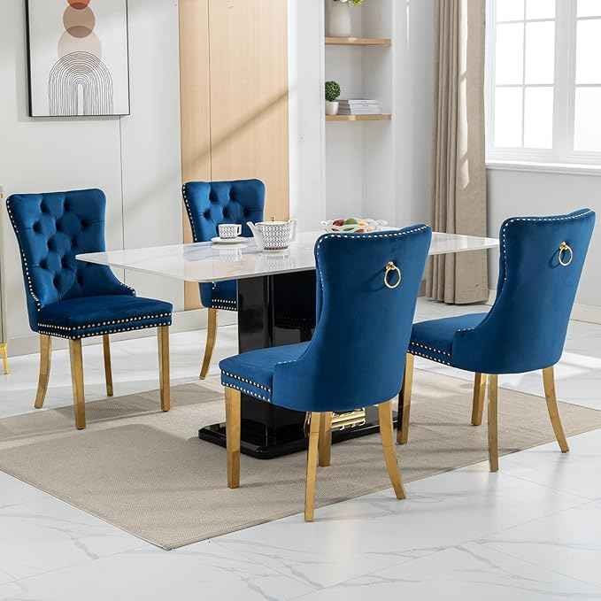 Blue Velvet Dining Chairs Set of 2, Kitchen Chairs Set of 2, Tufted Upholstered Dining Room Chair, Back Ring Pull Trim, Golden Stainless Steel Legs, Blue