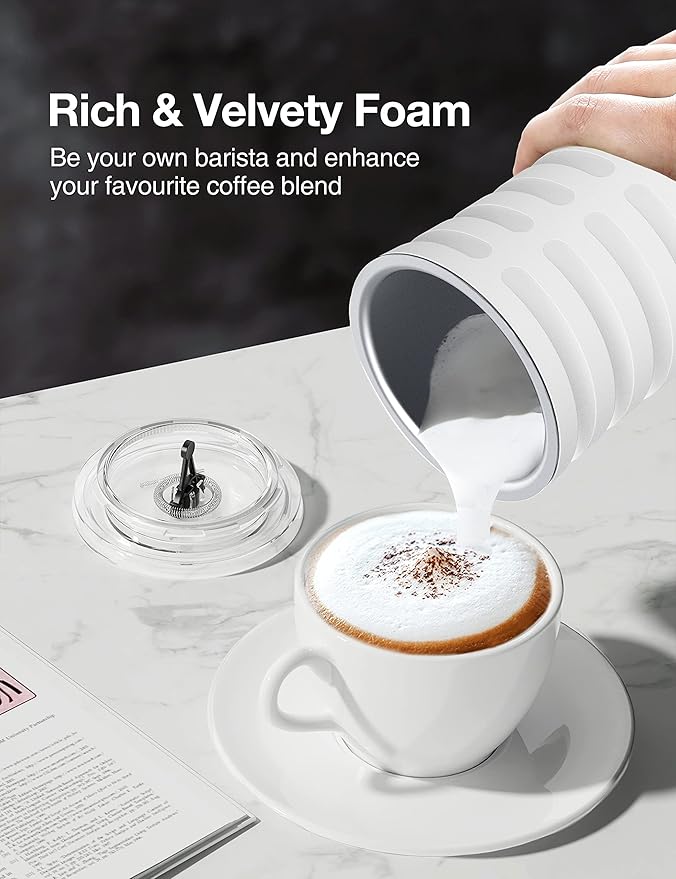 Milk Frother, Automatic Milk Frother Machine 4 in 1 Functions Milk Frother Machine for Coffee, Hot Chocolates, Latte, Cappuccino, Milk Frother 240ml, White