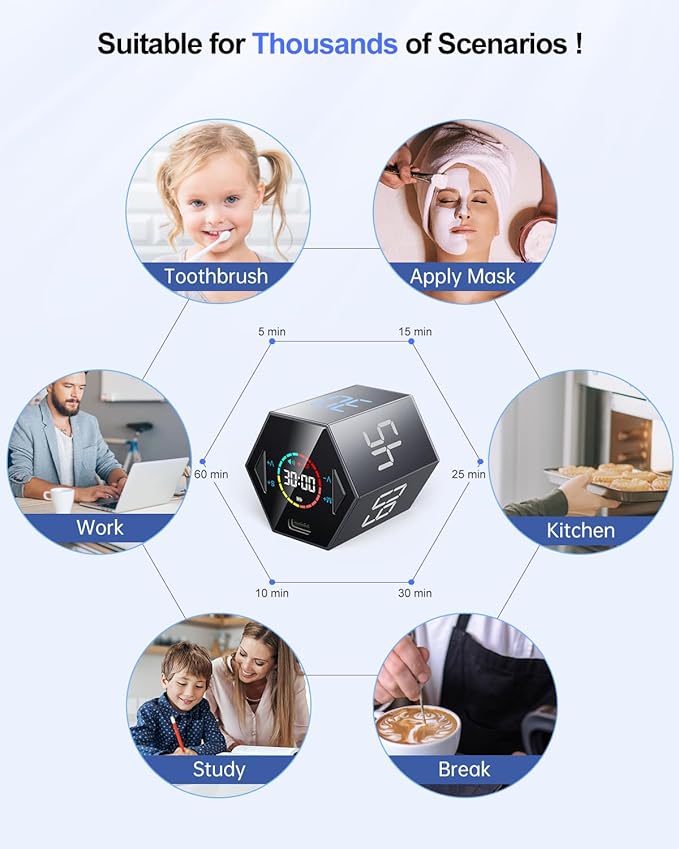 Ticktime Pomodoro Timer Cube, Hexagon Productivity Timer, Pause & Resume, Silent, Vibrate & Adjustable Sound Alert, for ADHD, Task, Work, Study, 5/15/25/30/45/60min & Custom Countdown,Gray