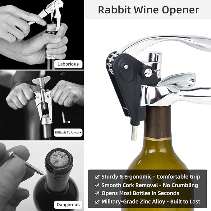 Rabbit Wine Opener Set with Luxury Gift Box, 5-Piece Gift Kit Includes Corkscrew, Foil Cutter, Bottle Stopper, Wine Pourer, Easy Cork Removal, Perfect for Wine Lovers (Moonlight Silver)