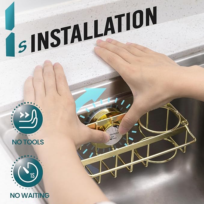 TAILI 4-in-1 Sponge Holder for Kitchen Sink with Strong Suction Cup Removable, Rustproof Stainless Steel Sink Caddy for Sponge, Brush, Scrubber, Scraper -Gold