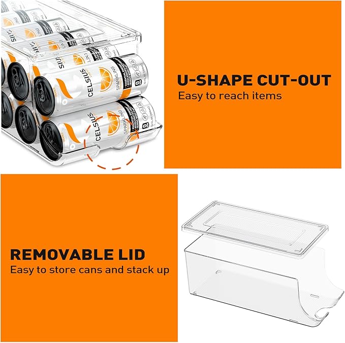 SCAVATA 4 Pack Skinny Can Organizer for Refrigerator, Stackable Tall Skinny Soda Pop Can Holder Dispenser with Lid for Fridge Pantry Rack Freezer, Clear Plastic Storage Bins-Holds 12 Slim Cans Each
