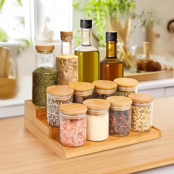 Bamboo Spice Rack Organizer with 12 Glass Jars - Premium Kitchen Cabinet & Countertop Complete Set - Eco-Friendly & Gift-Ready