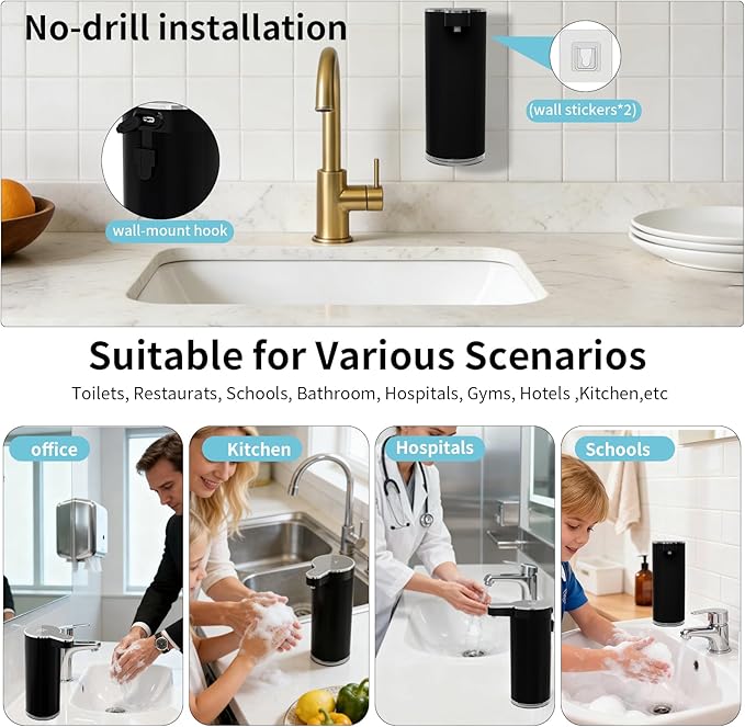Automatic Liquid Soap Dispenser, 304 Stainless Steel Bottle Body &12 oz/350ml Rechargeable, 4 Adjustable Liquid Levels, IPX5 Waterproof for Bathroom,Kitchen,Hotel(Stainless Steel for Liquid Soap)