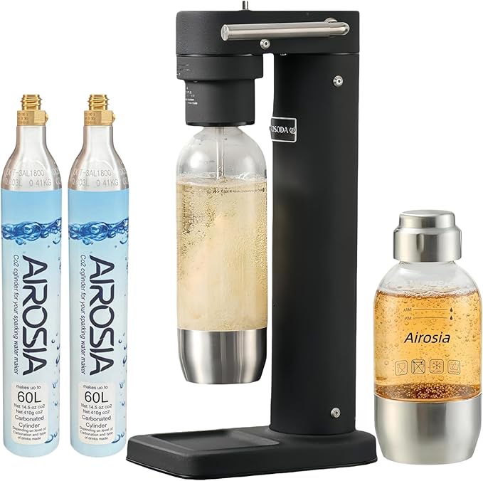 Sparkling Water Maker – Balck 304 Stainless Steel Carbonator Machine with 2 BPA-Free Bottles (1L + 0.5L) & 2 CO2 Carbonator