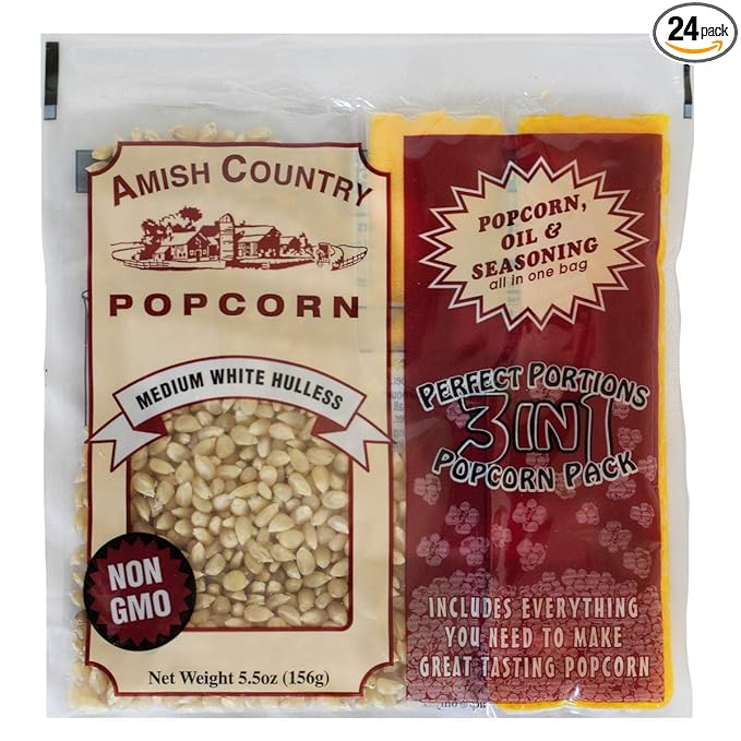 Amish Country Popcorn | All-In-One Medium White Kernel Popcorn Packs | Pre-Measured for Popcorn Machines and Includes Hulless Popcorn, Oil & Salt (5.5 ounce, Pack of 24)