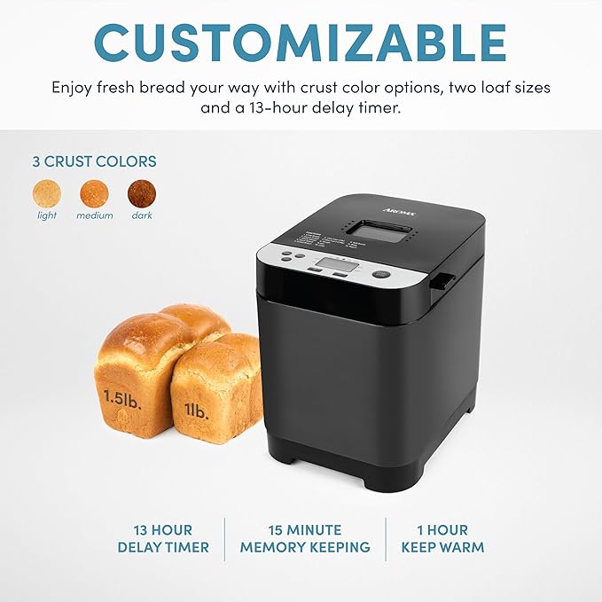 AROMA® 1.5lbs. Digital Bread Maker with Crust Customization, Clear-View Lid, and Nonstick Baking Pan, Black (ABM-250)
