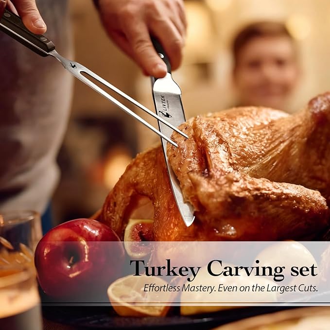 Livtek Carving Knife Set - Razor-Sharp German Stainless Steel - Ergonomic Handle & Full Tang Design - for Slicing Roast, Turkey, Ham, BBQ - 8 Inch Knife & 7 Inch Fork - Thanksgiving Gift