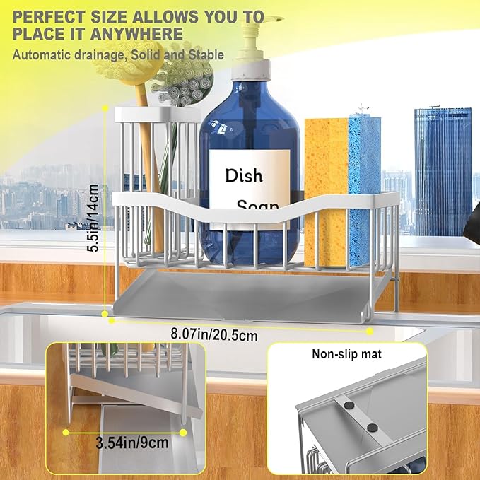 Maifan Sink Caddy Sponge Holder for Kitchen with Brush Holder and Stainless Steel Self Drain Tray, Rustproof Kitchen Sink Organizer for Sponge, Soap Dispenser Storage Accessories (Lacquer Silver) | Sponge Holder, Brush Holder, Self Drain Tray, Rustproo...