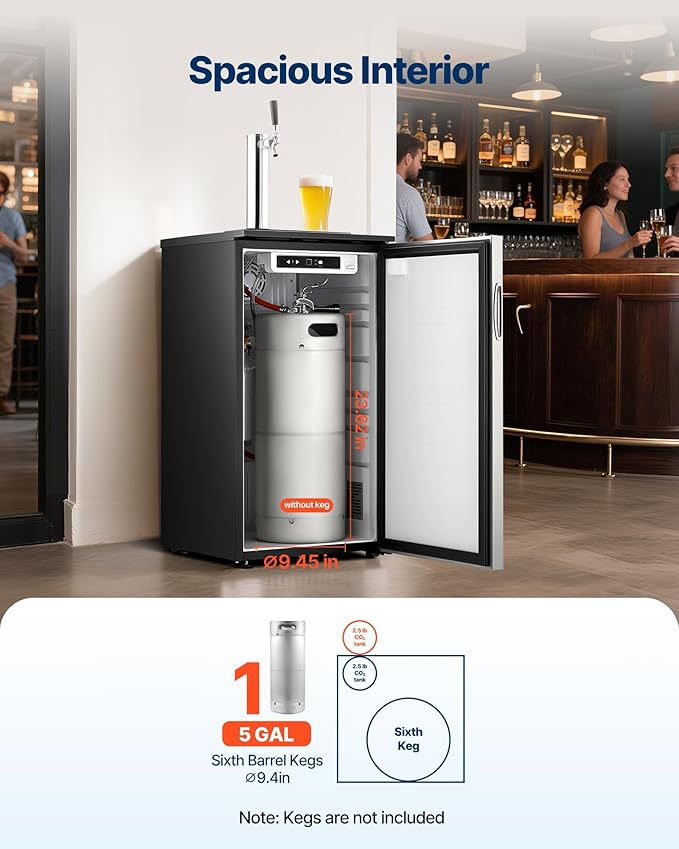 VEVOR Beer Kegerator, Single Tap Commercial Draft Beer Dispenser for D system, Refrigerator With Shelves, Hold 1 Sixth Keg, 2.5lbs CO2 Tank, 92L