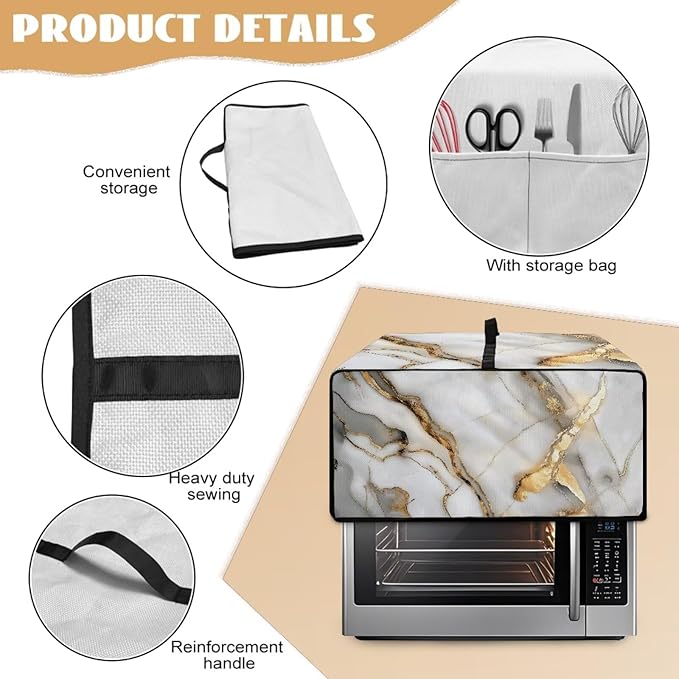 Toaster Oven Dust Cover with Storage Pockets, Protective Decorative Smart Oven Cover for for Kitchen Countertop, M, 16.5 x 20.5 x 10 inches, White Gold Gray Marble