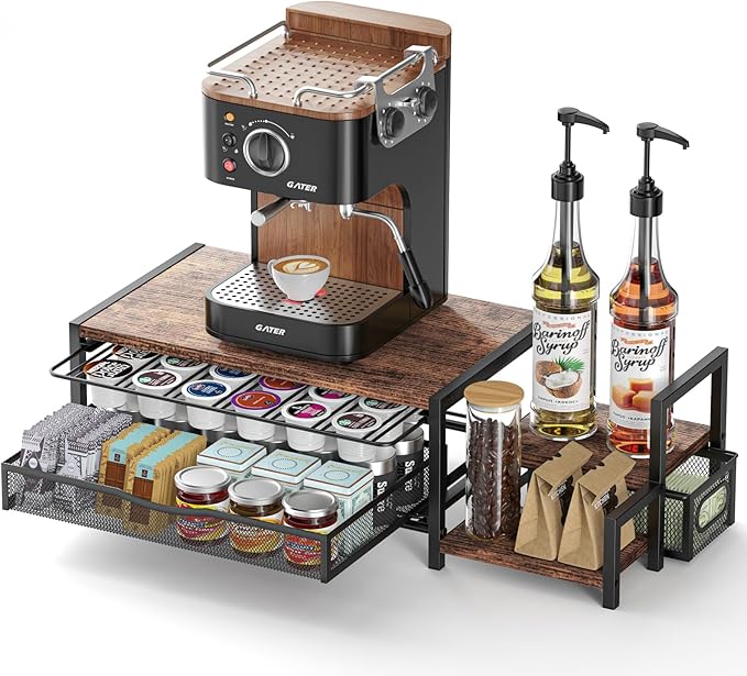 K Cup Holder, 2-Tier Coffee Pod Holder for 60 Pods, K Cup Drawer Organizer with Sliding Storage Drawer, Coffee Bar Station Organizer for Countertop, Space Saving, Home & Office, Brown