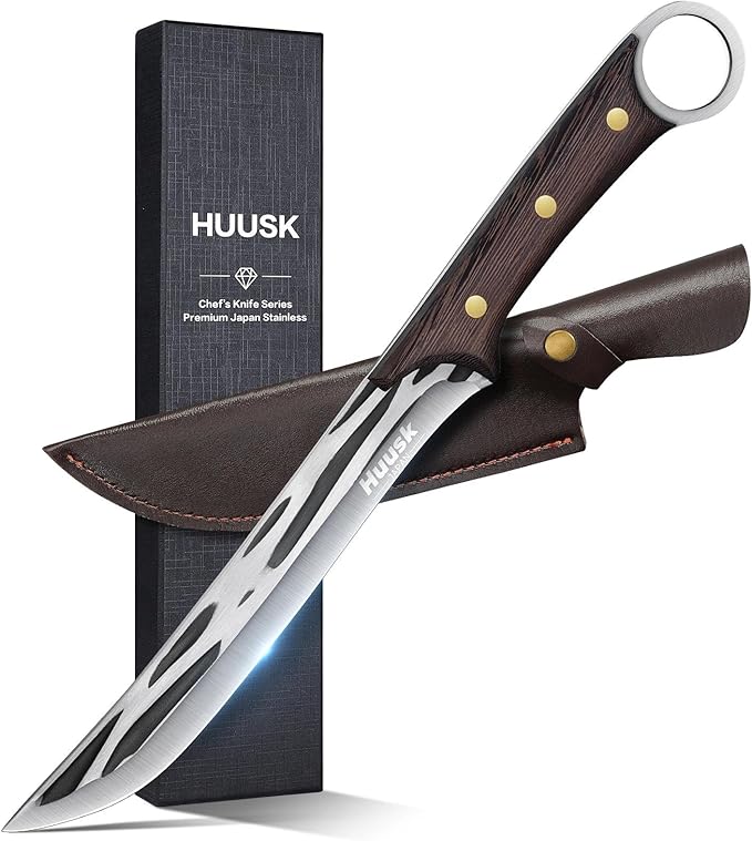 Huusk Slicing Knife for Meat Cutting, Hand Forged Brisket Knife with Sheath, High Carbon Trimming Butcher Knives, BBQ Carving Knives for Kitchen Outdoor Camping, Gift for Men and Women