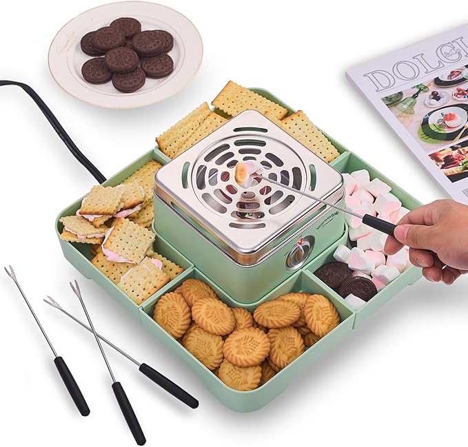Electric Smores Maker - Indoor Smores Kit with 4 Detachable Trays, 4 Stainless Steel Forks - Flameless Smores Maker Tabletop Indoor Kit (Green)