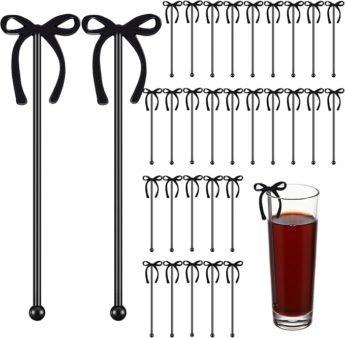 SiliFine 30 Pcs 6 Inch Party Drink Stirrers, Bow Stir Sticks Coffee Stirrers Reusable Plastic Swizzle Sticks for Wedding Birthday Bridal Cocktail Decorations Galentines Supplies(Black)
