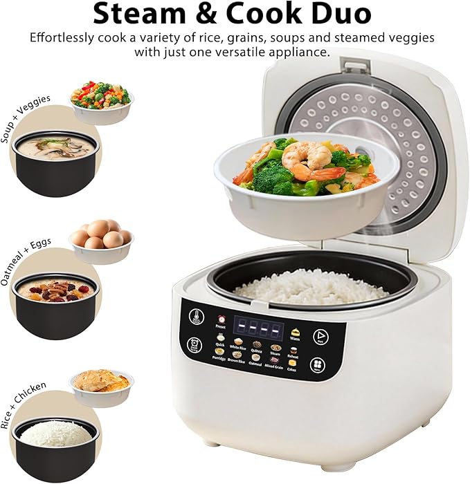 Portable Digital Rice Cooker, 6-Cup (Uncooked)/12-Cup (Cooked) Small Rice Maker with Steaming Basket, Mini Rice Cooker with 2L Removable Nonstick Inner Pot, 10 Menu Options, Auto Keep Warm, 24 Hour Delay Timer, White