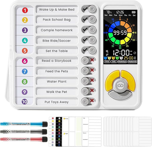 3-in-1 Visual Timer & ADHD Tool for Kids and Adults, 12/24H Silent Task Timer with Chore Chart, Daily Checklist with Pomodoro Timer, Alarm Clock - White