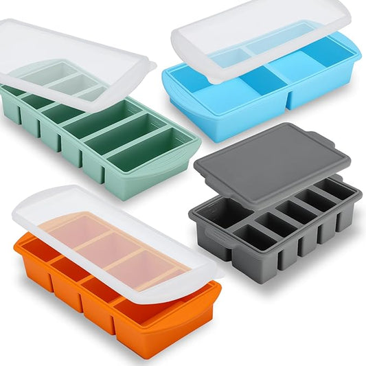 4 Pack Silicone Freezer Trays with Lid, 1/5, 1/2, 1, and 2 Cup Soup Freezer Molds Set Stainless Steel Frame Ice Cube Tray for Meal Prep Freezing Soup Stews Sauces Oven Microwave Safe(Multi)