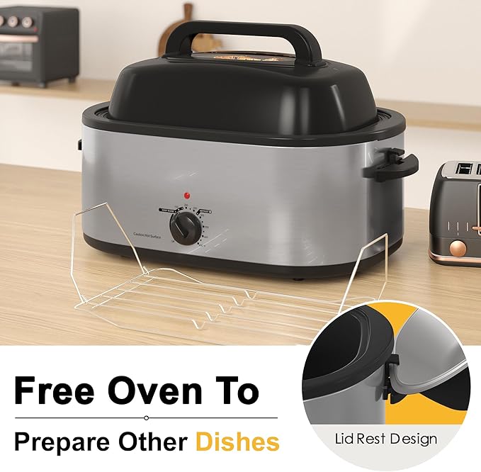 Roaster Oven 22Qt, Turkey Electric Roaster Oven Buffet with Self-Basting Lid, Removable Pan, Cool-Touch Handles, Stainless Steel, Silver