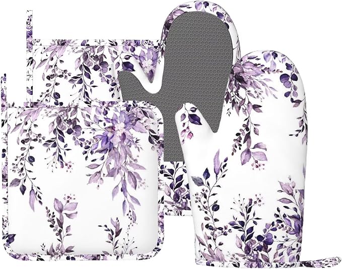 Purple Eucalyptus Oven Mitts and Pot Holders Set, 4pcs Silicone Watercolor Plant Leaves with Floral Oven Glove for Kitchen Heat Resistant Oven Mitts and Potholders Non-Slip for Cooking