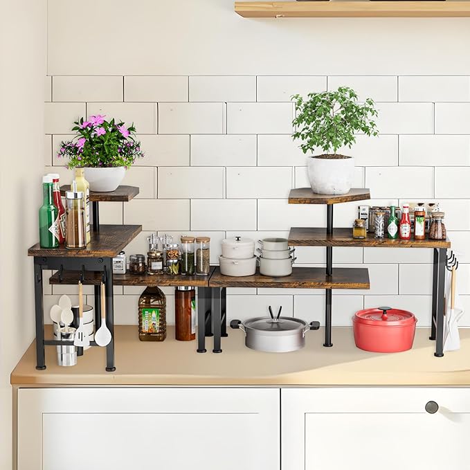 Kitchen Countertop Organizer, 3 Tier Moveable Corner Shelf Kitchen Shelf with Hook, Countertop Organizer for Bathroom, Spice Rack, Bookshelf, Coffee Area, Dresser Table (Brown)
