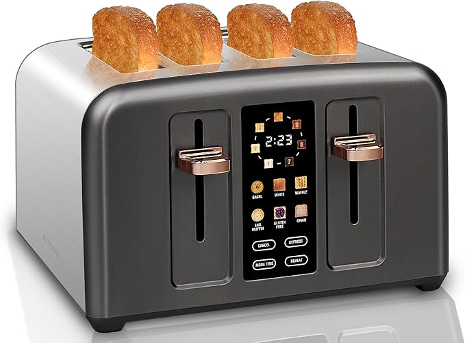 SEEDEEM Toaster 4 Slice, Stainless Toaster & Touch Control, LCD Display, 6 Bread Type, 7 Shade Settings, 1.5'' Wide Slots, Cancel/Defrost/Reheat, Removable Crumb Tray, 1800W, Dark Metallic