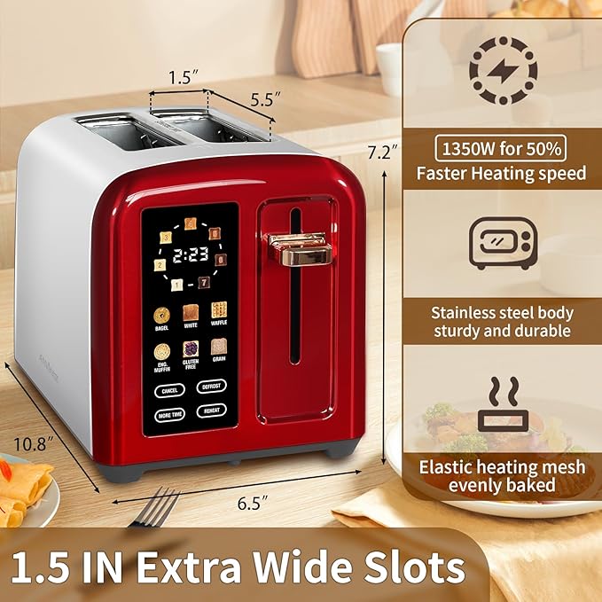 SEEDEEM Toaster 2 Slice, Full Touch Control Stainless Toaster, LCD Display, 50% Faster Heating Speed, 6 Bread Type, 7 Shade Setting, 1.5''Wide Slots, Removable Crumb Tray, 1350W, Dark Cherry