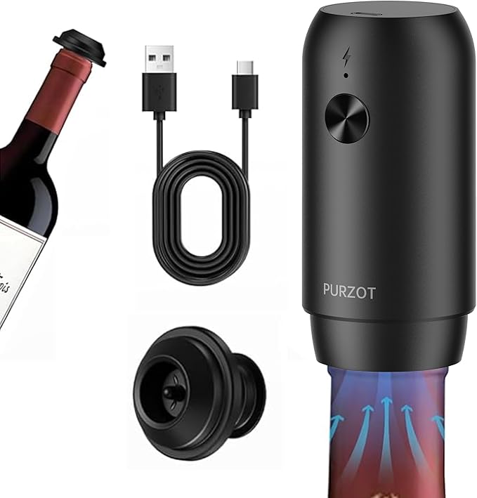 Rechargeable Electric Vacuum Wine Sealer Pump, One-Touch Automatic Air Remover, Cordless Type-C Charging Preservation Tool with Reusable Stopper for Home Bar Kitchen Party