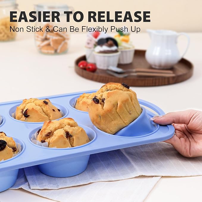 Jumbo Silicone Muffin Pan with Metal Frame, Non Stick Silicone Cupcake Pan with Handles 6 Cup, BPA Free Silicon Muffin Tin Tray Extra Large for baking, egg bites, Cupcake Mold Blue
