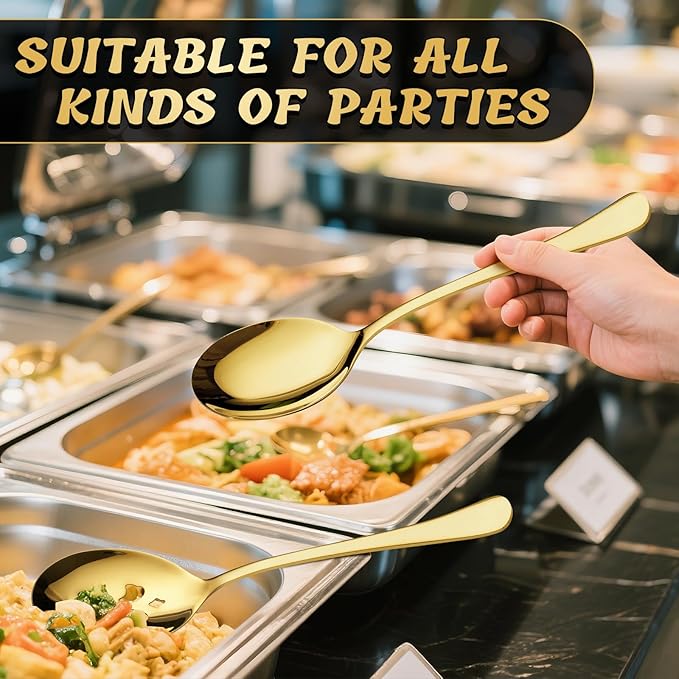 8 Piece Stainless Steel Serving Spoon Set - 4 Large, 4 Slotted,Dishwasher Safe,10-Inch,Gold, for Parties/Kitchen/Buffet/Catering