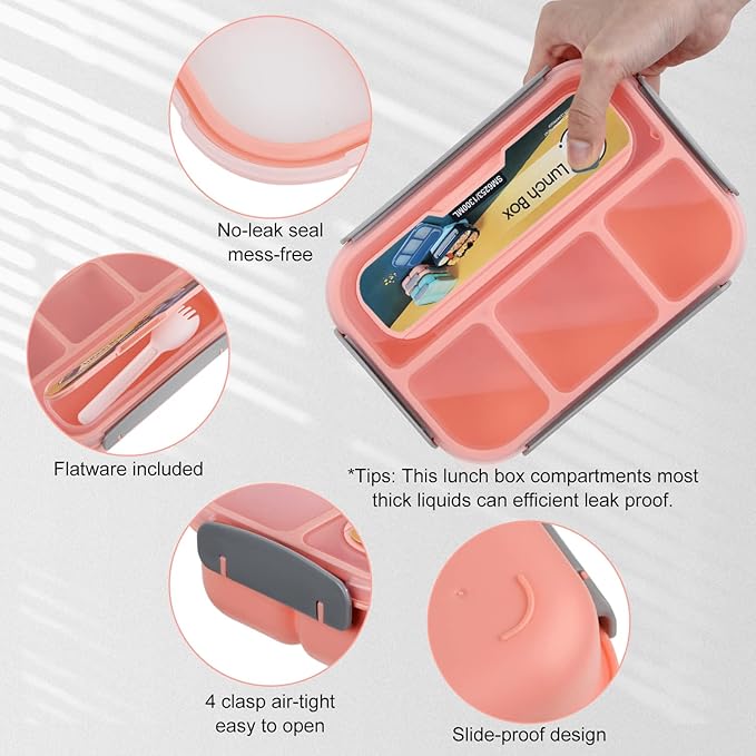 MaMix Bento Box for Kids, Lunch Box Kids, Lunch Containers for Adults,4 Compartment Leak-Proof with Sauce Snack Pot Cutlery (Pink)
