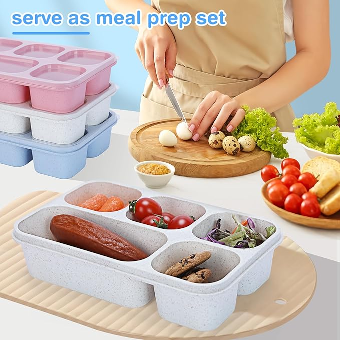 Rinwoc Bento Box Adult [Portion Size], 3 Pack Snack Containers with 5 Compartments for Meal Prep & On-the-Go [Work, Travel], Lunchable Container Reusable and BPA-Free