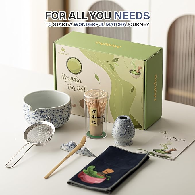 Matcha Whisk Set, 7 PCS Matcha Kit with Matcha Bowl with Spout, Bamboo Matcha Whisk and Scoop, Matcha Accessories & Sifter – Complete Matcha Set for Tea Lovers, Matcha Gift Set (Blue)