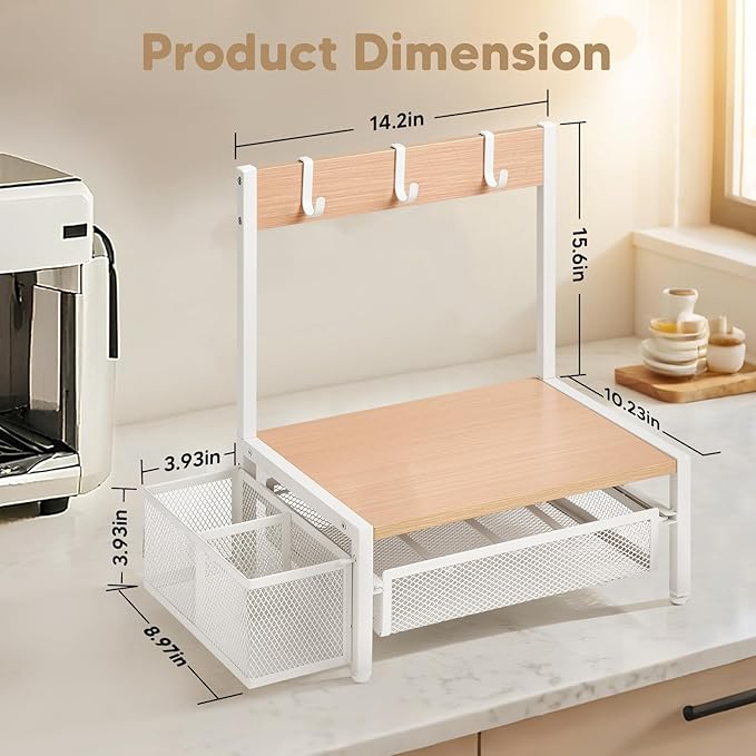 DGWJSU Tea Bag Organizer, Wood Tea Organizer and Storage Cheast, Tea Bag Holder with Storage Drawer, 4 Hooks for Tea Cups Holder, Tea Station Chest Display Container Box for Countertop Kitchen (White)