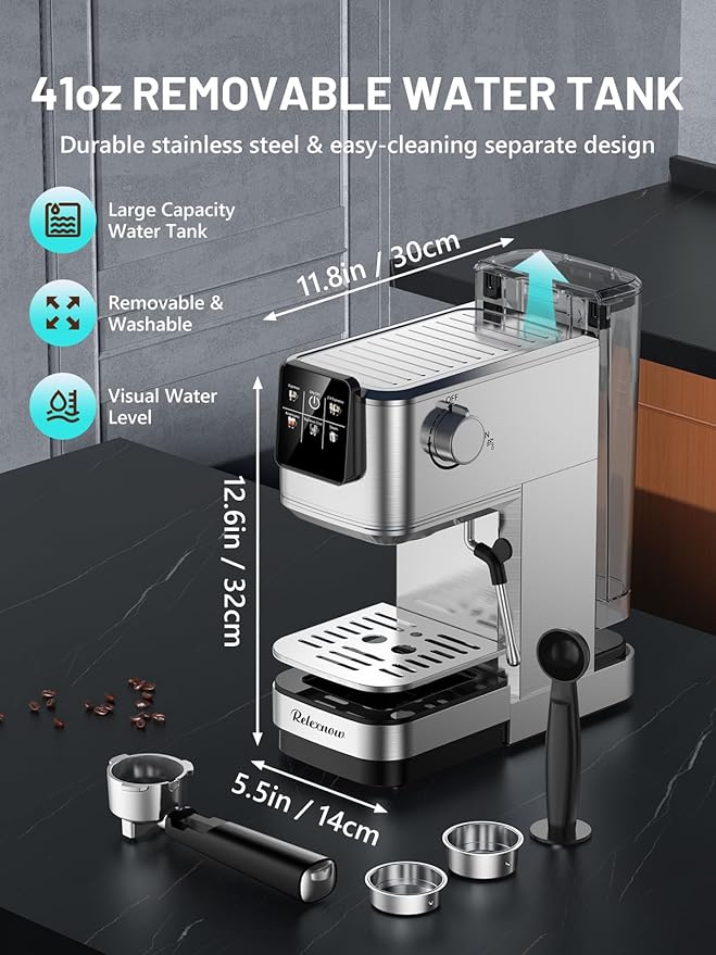 RELEXNOW Espresso Machine, 20 Bar Espresso Maker Milk Frother & LCD Panel, Hot & Iced with Rapid Cold Brew, Stainless Steel Espresso Coffee Machine with 41oz Water Tank for Cappuccino, Latte