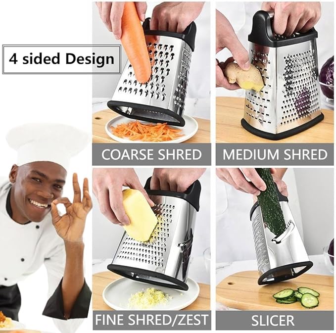Stainless Steel 4 Sides Grater Slicer with Handle, Multifunctional Cutter Planing for Ginger, Garlic, Cucumbers, Carrots, Cheese, Potato, Ergonomic Design Kitchen Gadgets Accessories（Black）