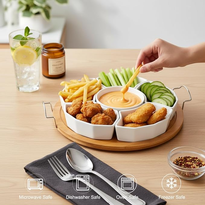 ZENFUN Chip and Dip Serving Set, 11'' Divided Serving Platters Tray for Party, 6-Compartment Removable Appetizer Snack Dishes, Round Sectional Serving Platter for Fruits, Condiment