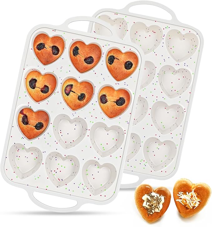 FUNBAKY 2 Pcs Heart Shaped Silicone Muffin Pan，Metal Reinforced Frame, 12-Cavity Nonstick Silicone Heart Mold for Muffins, Cupcakes, Bread,Chocolate Muffin and Tartlets