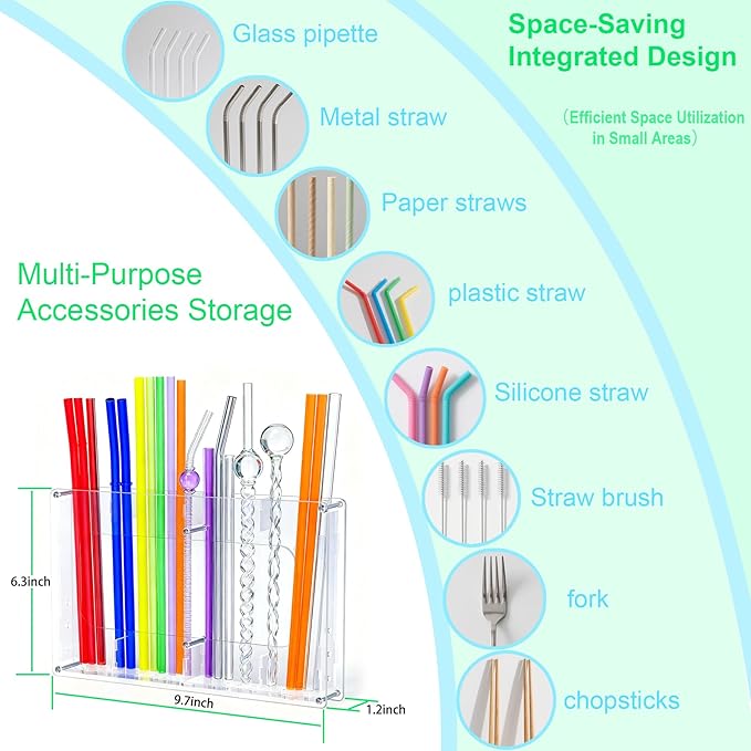 Acrylic Straw Holder for Cabinet Door & Wall – Kitchen Organizer Dispenser for Reusable Straws, Cupboard Storage Container for Drinking Straws & Small Accessories