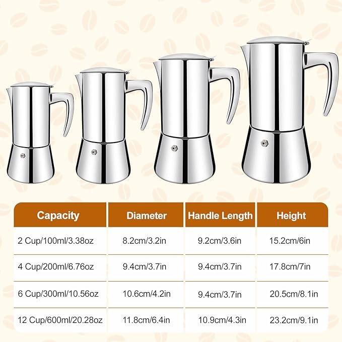 No Coating 4 Cup Thickened 304 Stainless Steel Moka Pot Stovetop Espresso Maker Italian Coffee Machine 200ml 6.8oz Suitable for Gas Induction Stovetop Greca Coffee Maker Percolator