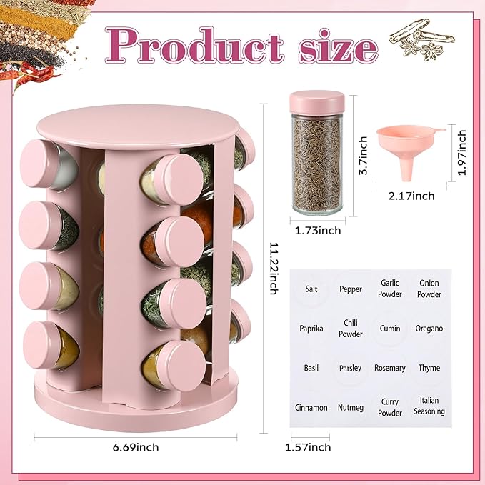 Yungyan Pink Rotating Spice Rack Seasoning Organizer with 16 Empty Jars, Spice Containers Set with Labels and Funnel, Revolving Seasoning Rack for Kitchen Accessories (Stainless Steel,Glass)